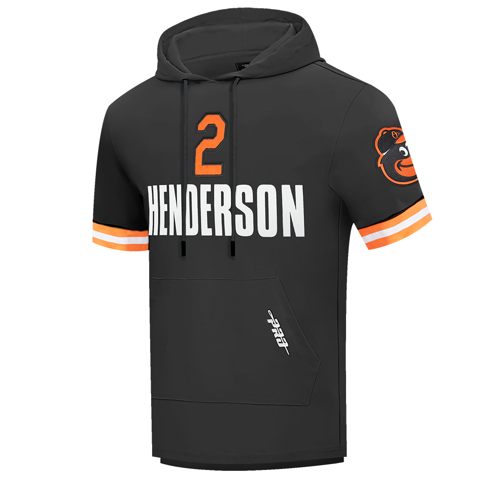 MLB BALTIMORE ORIOLES GUNNAR HENDERSON #2  CLASSIC MEN'S SHORT SLEEVE PULLOVER HOODIE (BLACK/ORANGE)