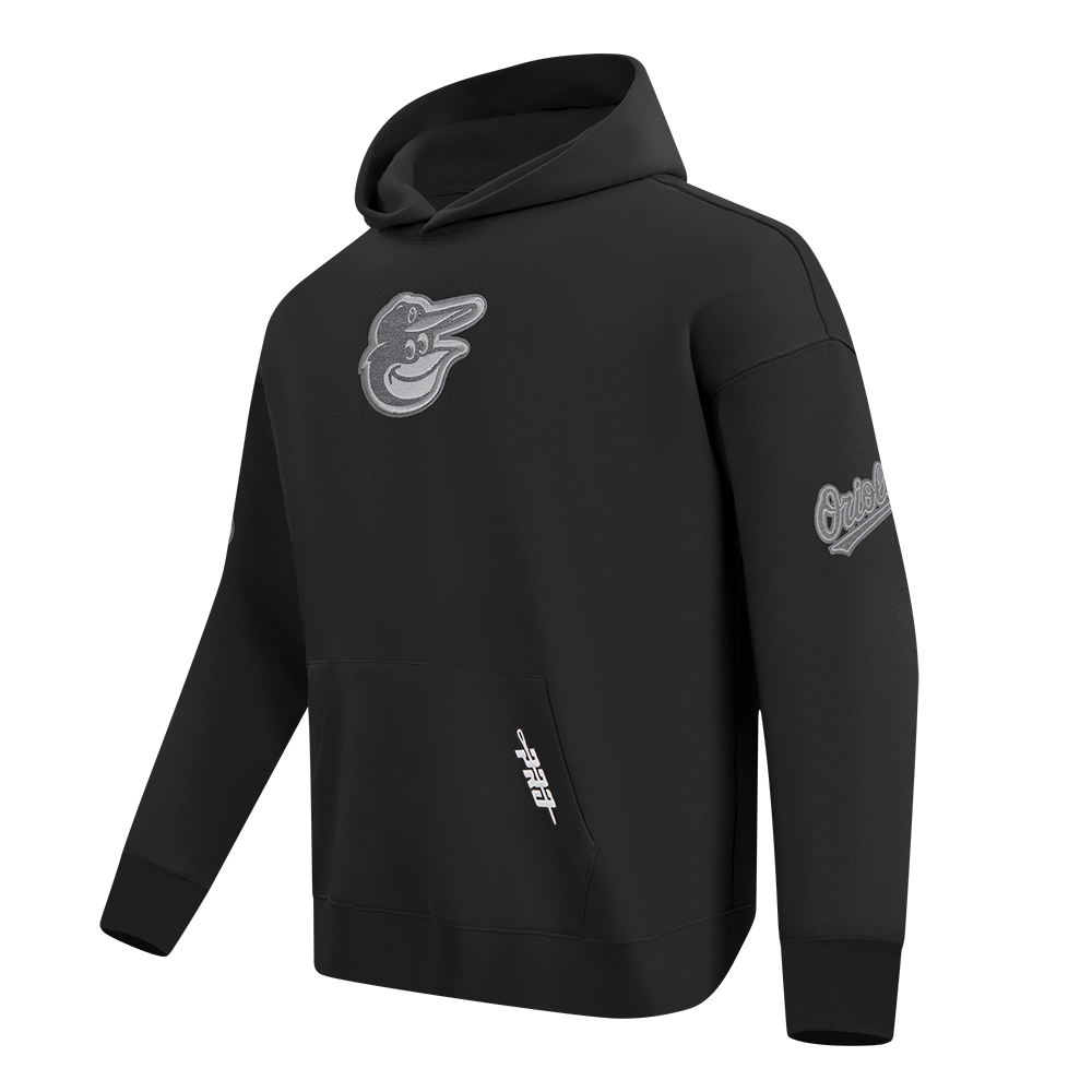 MLB BALTIMORE ORIOLES REVERSE FRENCH TERRY MEN'S DROP SHOULDER FLEECE PULLOVER HOODIE (BLACK)