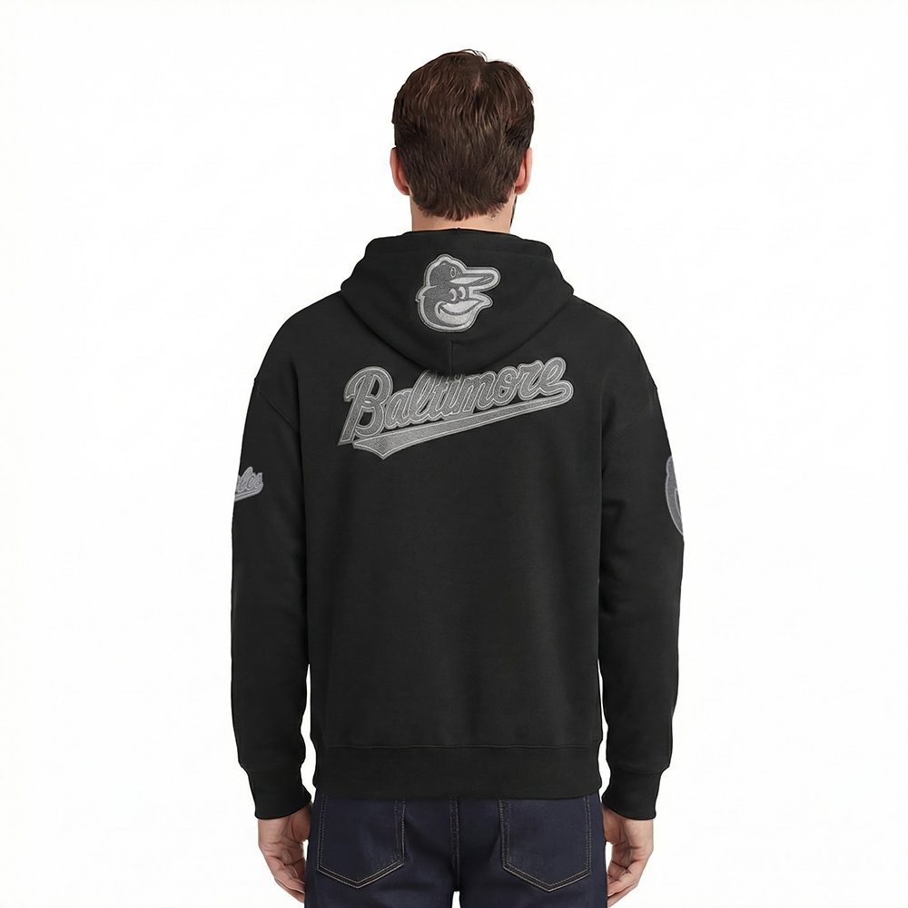 MLB BALTIMORE ORIOLES REVERSE FRENCH TERRY MEN'S DROP SHOULDER FLEECE PULLOVER HOODIE (BLACK)