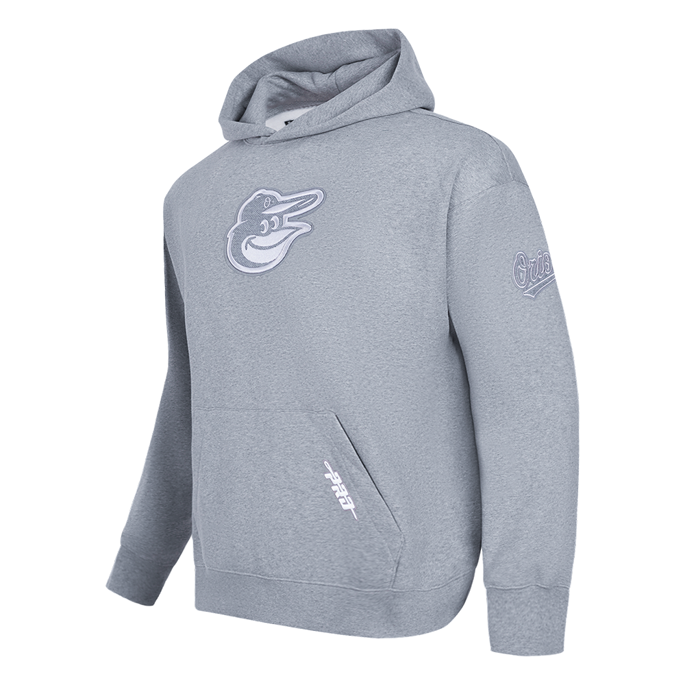 MLB BALTIMORE ORIOLES REVERSE FRENCH TERRY MEN'S DROP SHOULDER FLEECE PULLOVER HOODIE (DARK HEATHER GRAY)