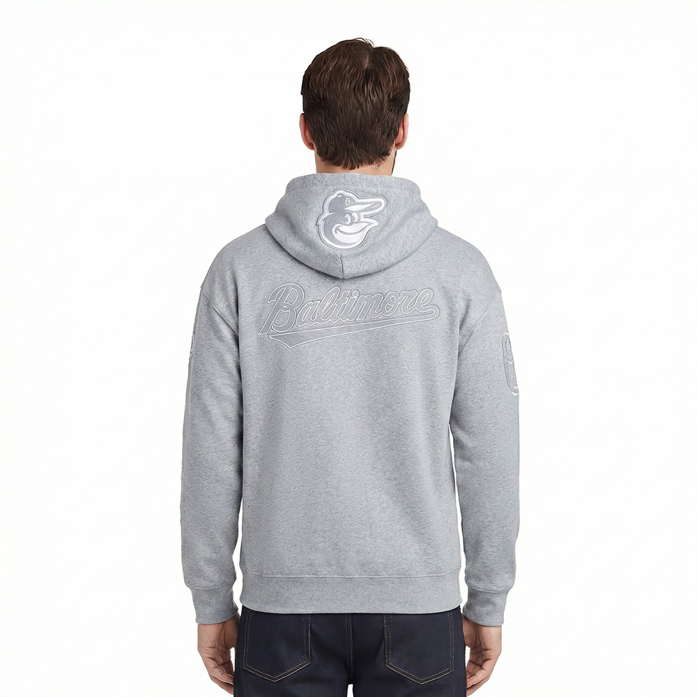 MLB BALTIMORE ORIOLES REVERSE FRENCH TERRY MEN'S DROP SHOULDER FLEECE PULLOVER HOODIE (DARK HEATHER GRAY)