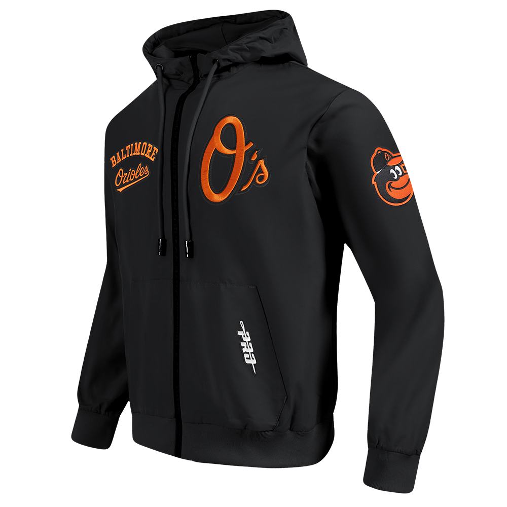 MLB BALTIMORE ORIOLES CLASSIC WIND SUIT MEN'S WOVEN FULL ZIP PULLOVER HOODIE (BLACK)