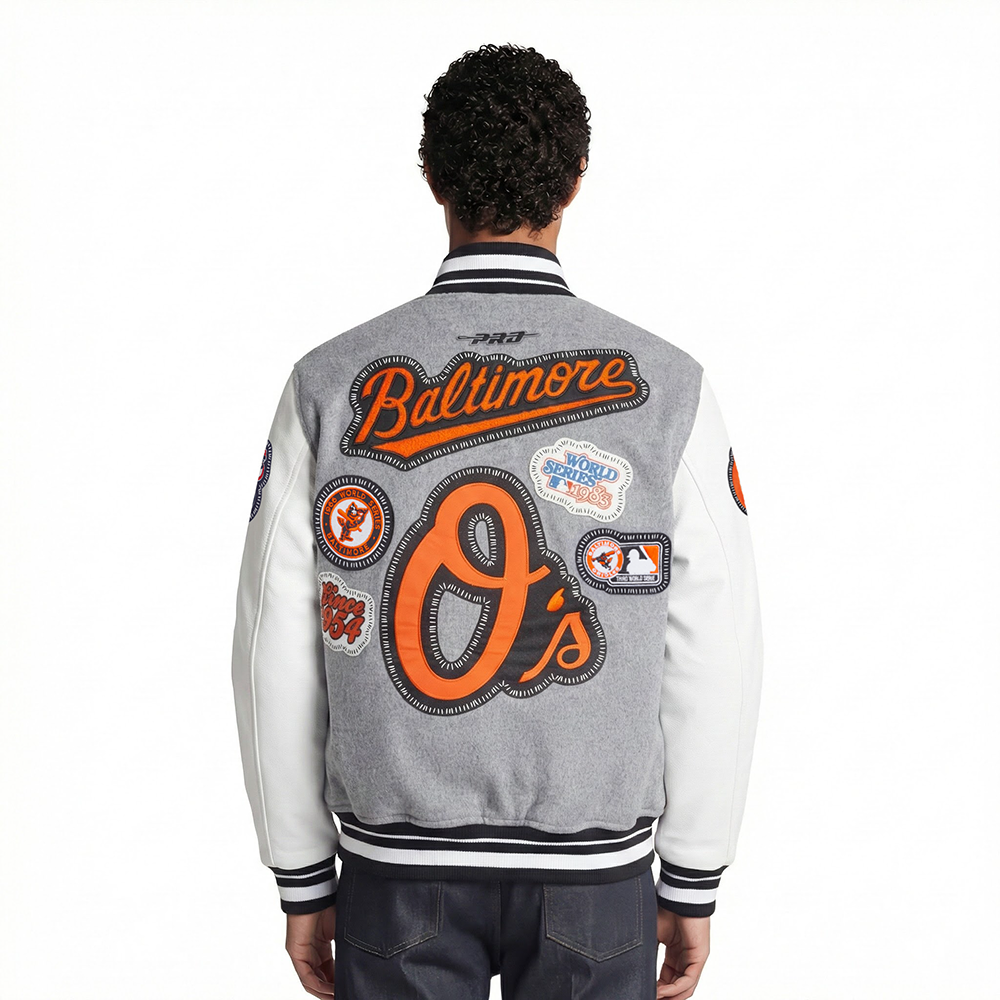 MLB BALTIMORE ORIOLES DIY PICK STITCH MEN'S RIB WOOL VARSITY JACKET (HEATHER GREY/WHITE/BLACK)