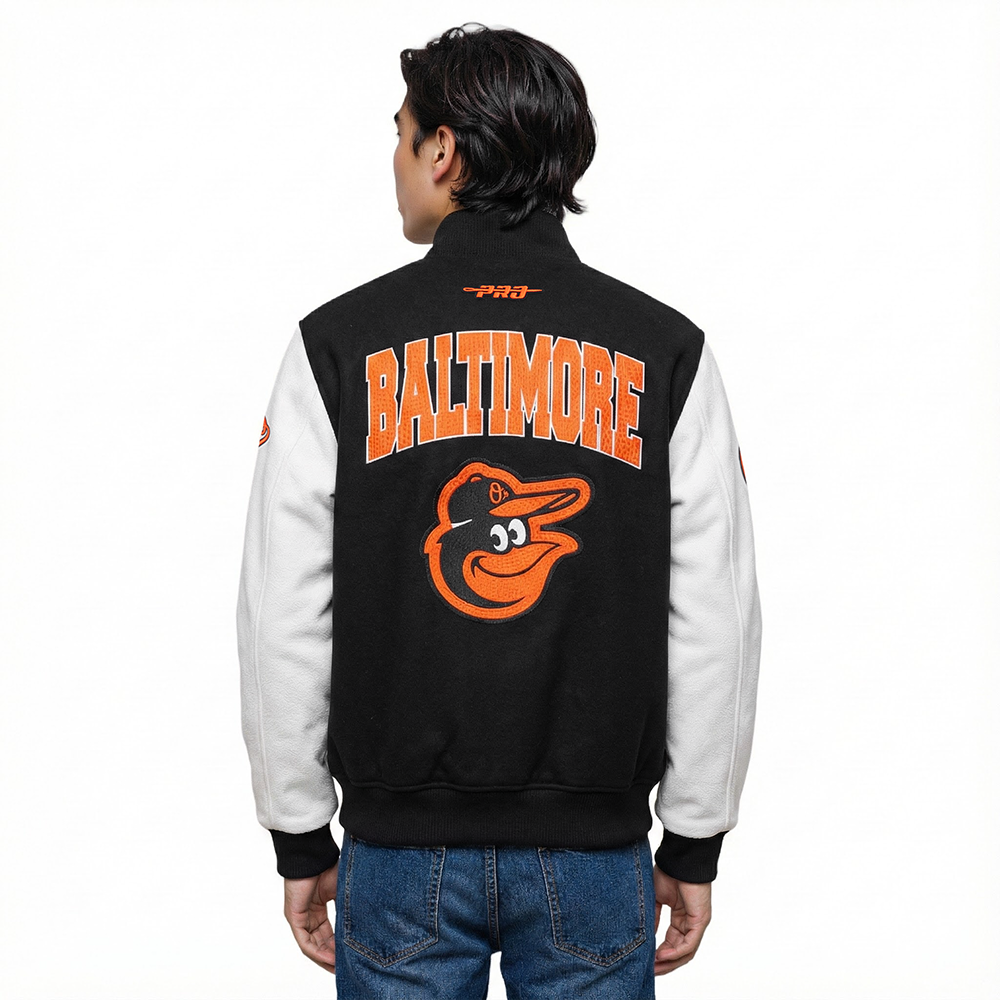 MLB BALTIMORE ORIOLES CITY ARCH MEN'S WOOL VARSITY JACKET (BLACK/WHITE)