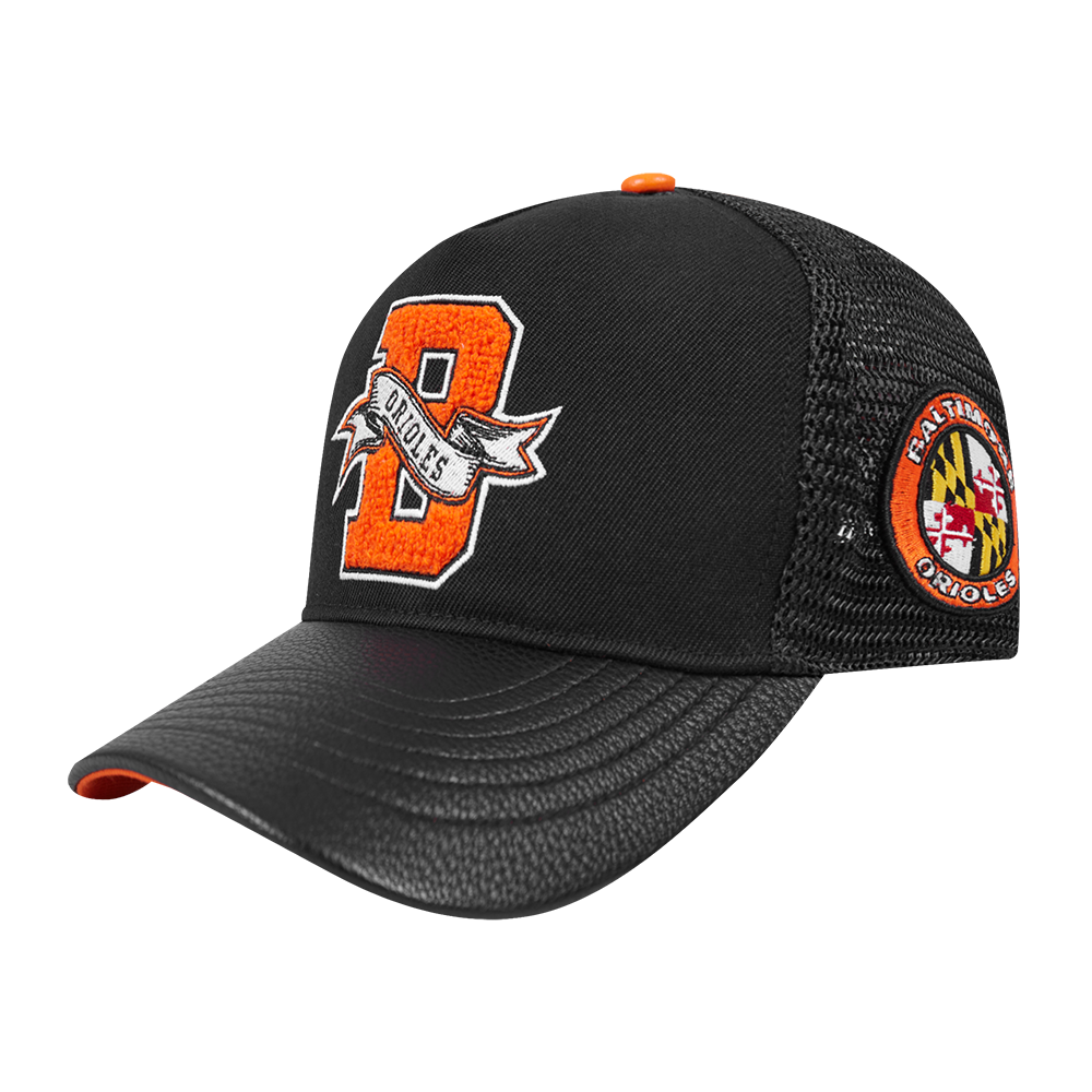 MLB BALTIMORE ORIOLES TEAM PENNANTS MEN'S PINCH FRONT TRUCKER LEATHE (BLACK)