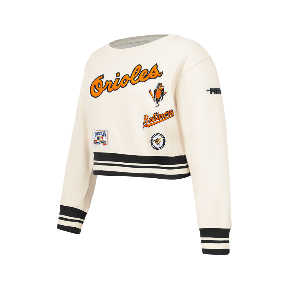 MLB BALTIMORE ORIOLES RETRO CLASSIC BIG GIRLS RIB FLEECE CREWNECK (EGGSHELL/ BLACK)