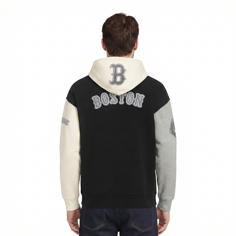 MLB BOSTON RED SOX REVERSE FRENCH TERRY MEN'S COLOR BLOCK FLEECE PULLOVER HOODIE (BLACK/GRAY/EGGSHELL)