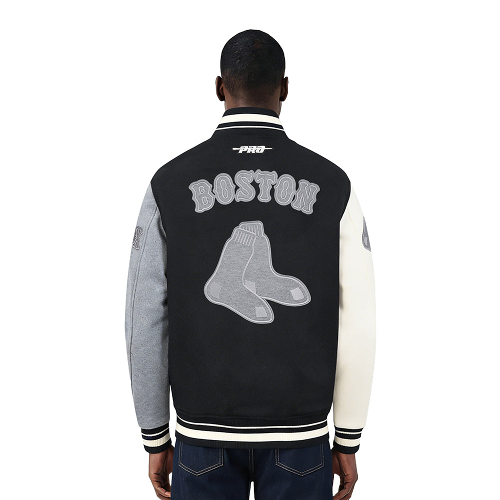 MLB BOSTON RED SOX REVERSE FRENCH TERRY MEN'S COLOR BLOCK WOOL VARSITY JACKET (BLACK/GRAY/EGGSHELL)