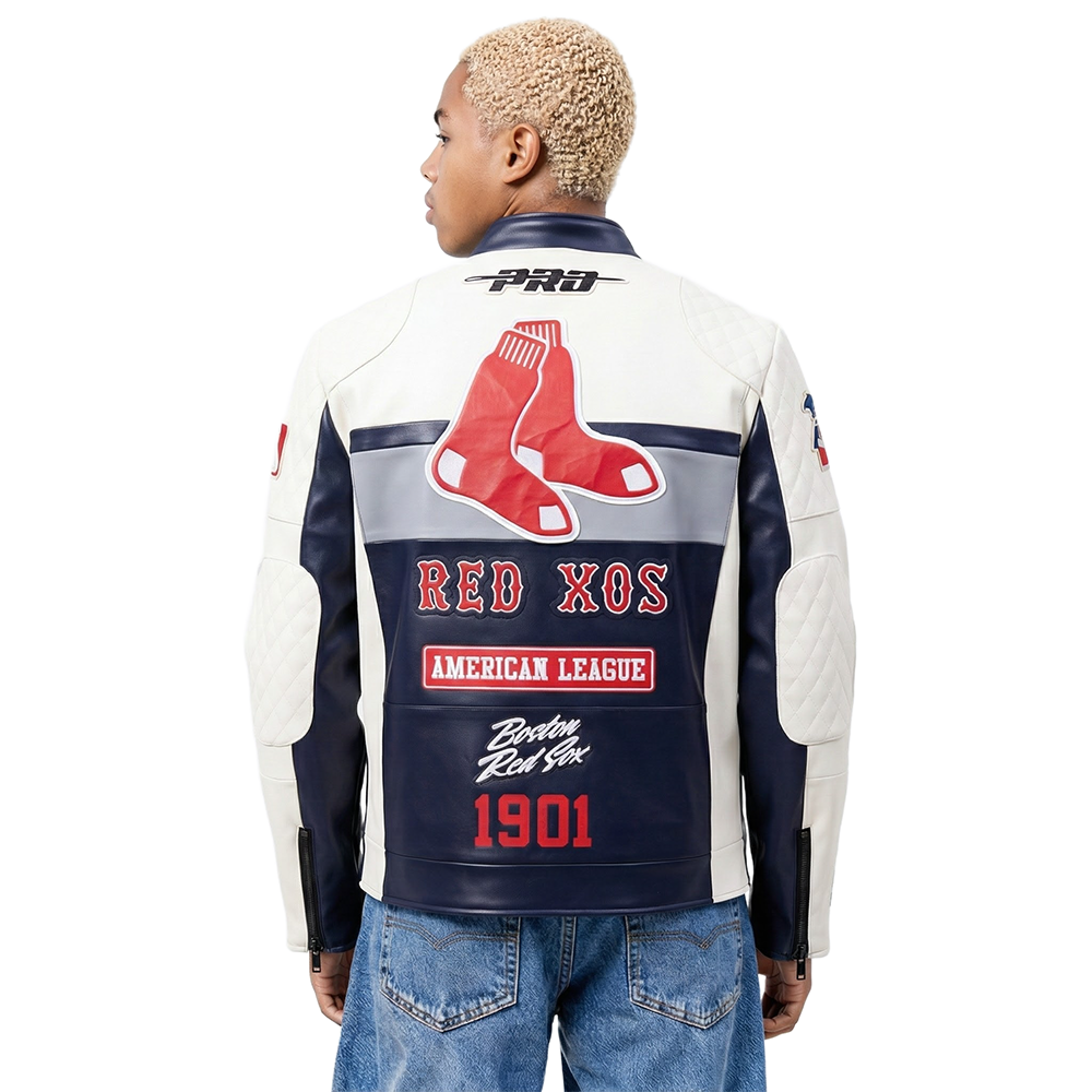 MLB BOSTON RED SOX MEN'S MOTO JACKET (EGGSHELL/ MIDNIGHT NAVY)