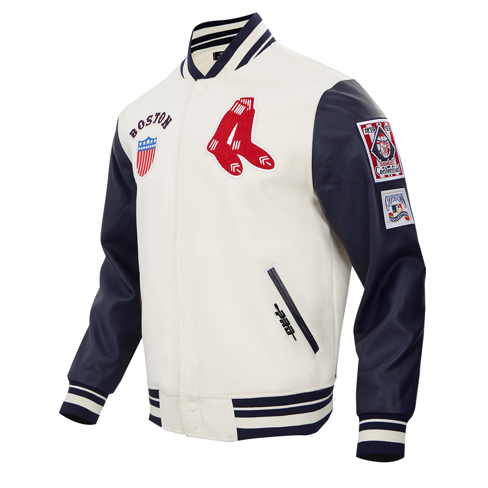 MLB BOSTON RED SOX RETRO CLASSIC MEN'S RIB WOOL VARSITY JACKET (EGGSHELL/ MIDNIGHT NAVY)