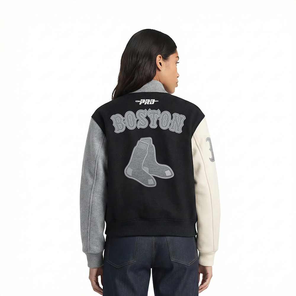 MLB BOSTON RED SOX REVERSE FRENCH TERRY WOMEN'S WOOL VARSITY JACKET (BLACK/GRAY/EGGSHELL)