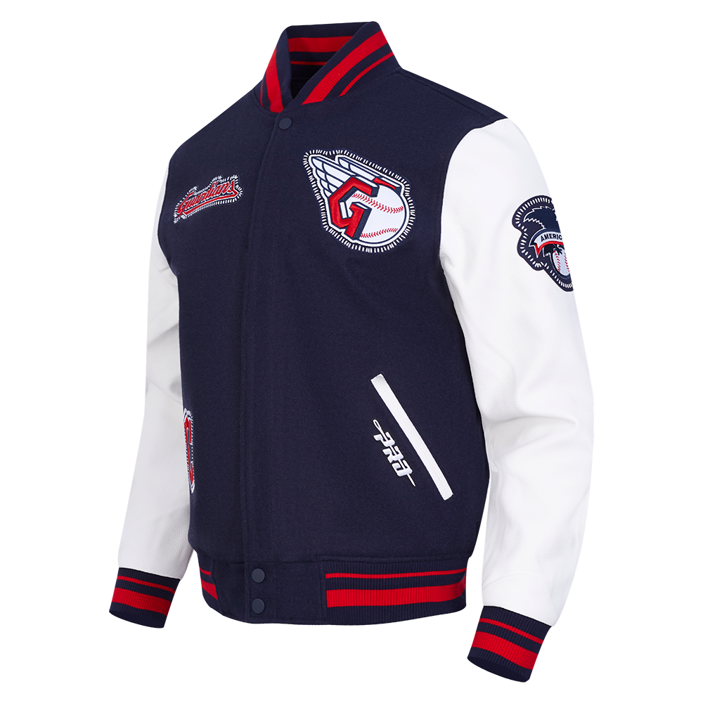 MLB CLEVELAND GUARDIANS DIY PICK STITCH MEN'S RIB WOOL VARSITY JACKE (MIDNIGHT NAVY/RED/MIDNIGHT NAVY)