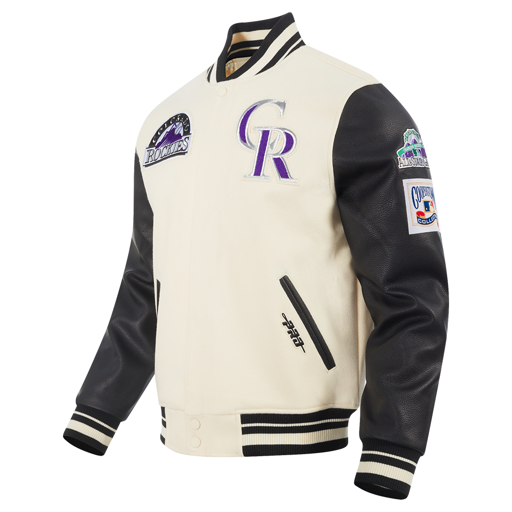 MLB COLORADO ROCKIES RETRO CLASSIC MEN'S RIB VARSITY JACKET (EGGSHELL/ BLACK)