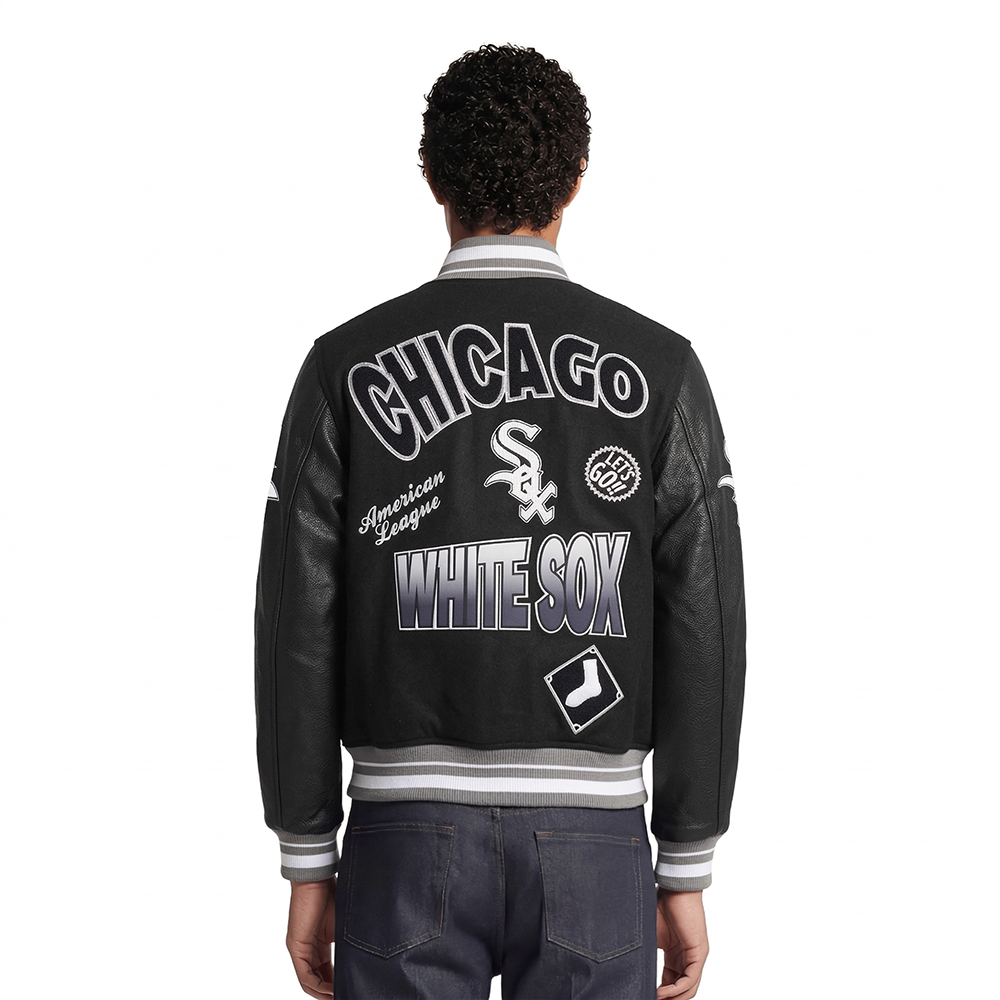 MLB CHICAGO WHITE SOX TURN IT UP MEN'S RIB WOOL VARSITY JACKET (BLACK/GRAY)