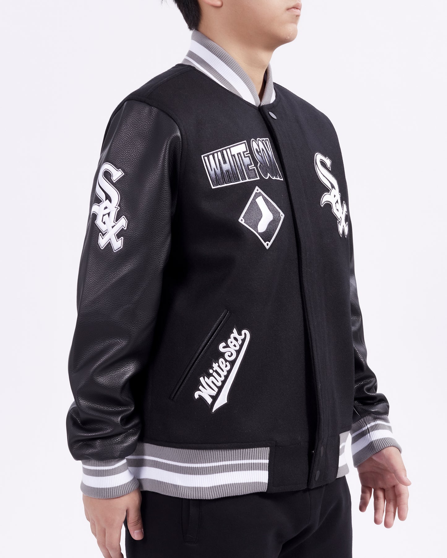MLB CHICAGO WHITE SOX TURN IT UP MEN'S RIB WOOL VARSITY JACKET (BLACK/GRAY)
