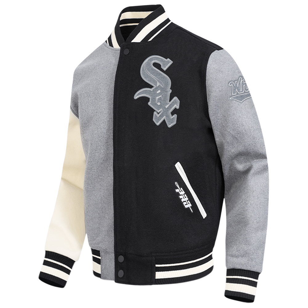 MLB CHICAGO WHITE SOX REVERSE FRENCH TERRY MEN'S CB WOOL VARSITY JAC (BLACK/GRAY/EGGSHELL)