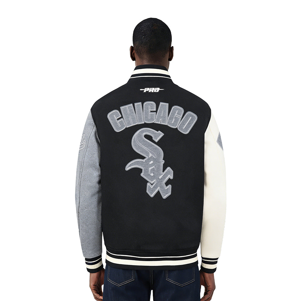 MLB CHICAGO WHITE SOX REVERSE FRENCH TERRY MEN'S CB WOOL VARSITY JAC (BLACK/GRAY/EGGSHELL)