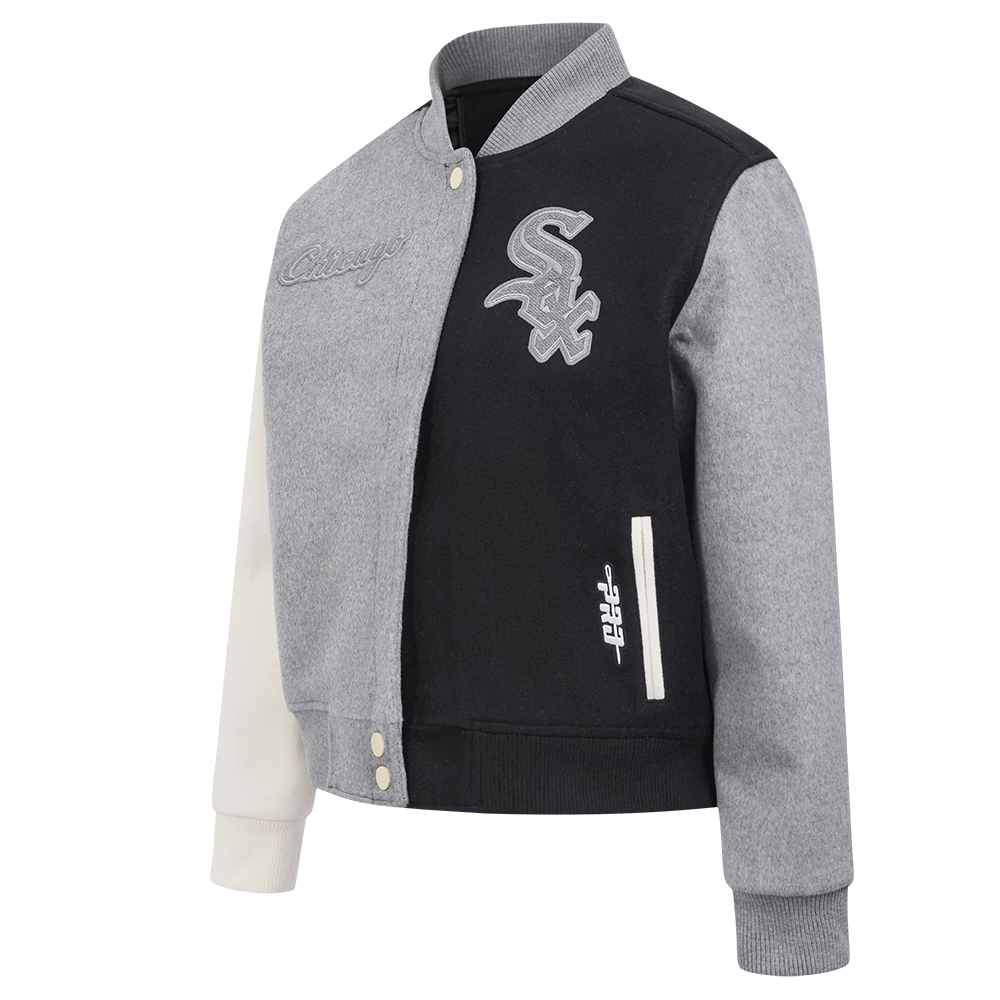 MLB CHICAGO WHITE SOX REVERSE FRENCH TERRY WOMEN'S WOOL VARSITY JACKET (BLACK/GRAY/EGGSHELL)