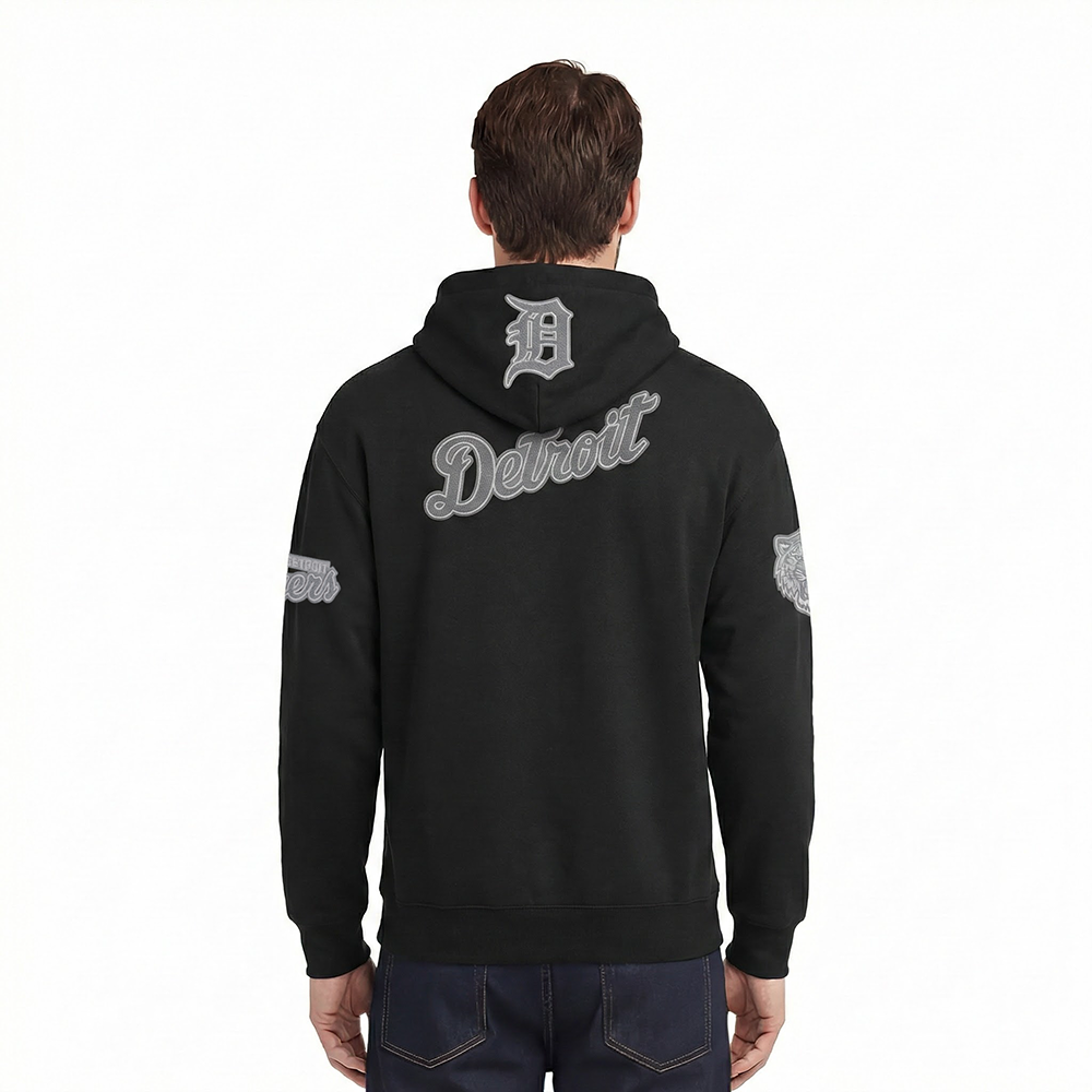 MLB DETROIT TIGERS REVERSE FRENCH TERRY MEN'S DROP SHOULDER FLEECE PULLOVER HOODIE (BLACK)