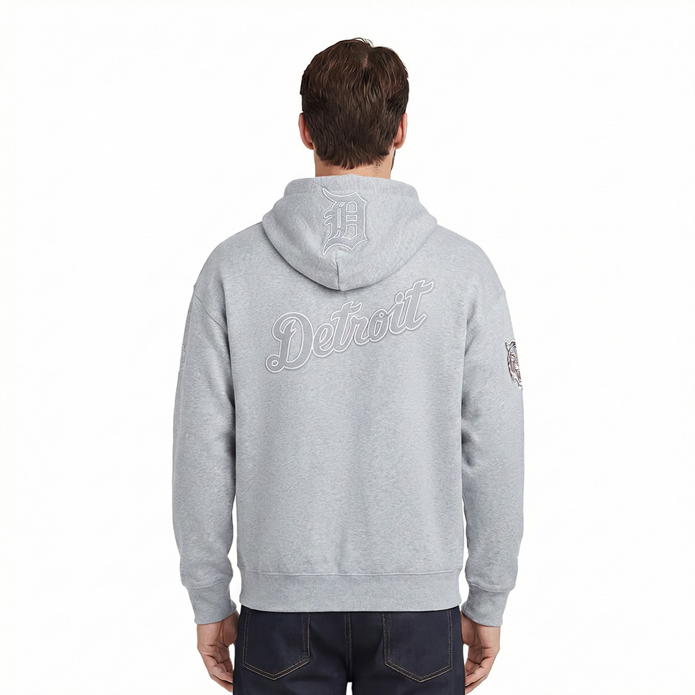 MLB DETROIT TIGERS REVERSE FRENCH TERRY MEN'S DROP SHOULDER FLEECE PULLOVER HOODIE (DARK HEATHER GRAY)