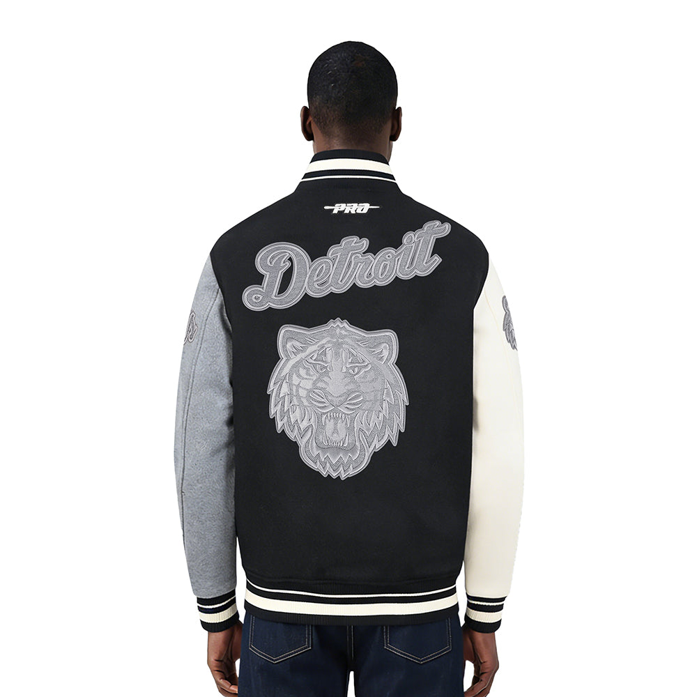 MLB DETROIT TIGERS REVERSE FRENCH TERRY MEN'S COLOR BLOCK WOOL VARSITY JACKET (BLACK/GRAY/EGGSHELL)