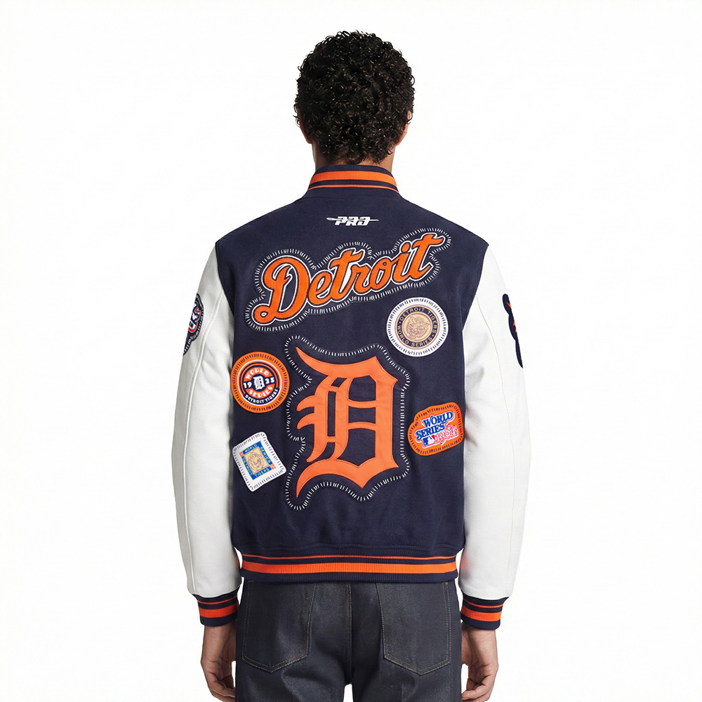MLB DETROIT TIGERS DIY PICK STITCH MEN'S RIB WOOL VARSITY JACKET (MIDNIGHT NAVY/ORANGE/MIDNIGHT NAVY)