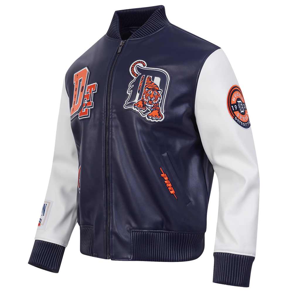 MLB DETROIT TIGERS BEST OF MEN'S LEATHER VARSITY JACKET (MIDNIGHT NAVY/WHITE)