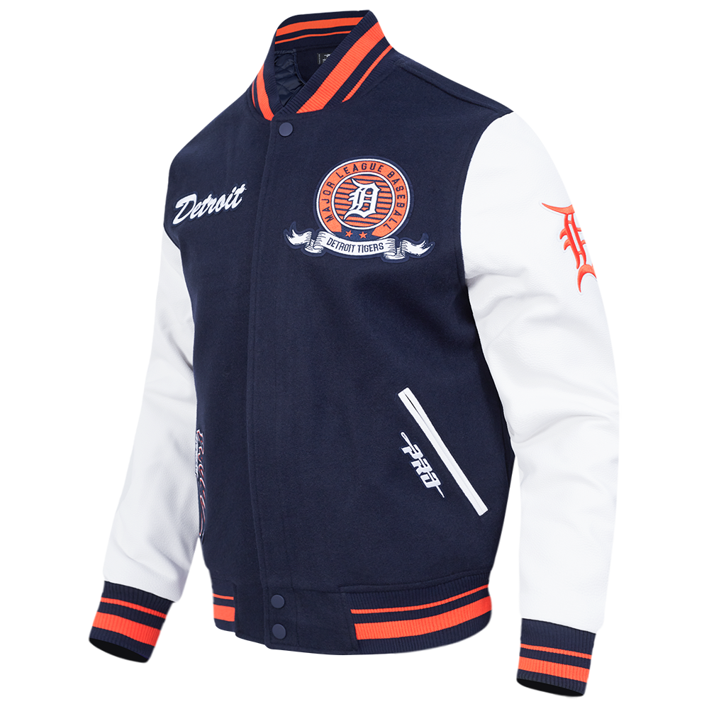 MLB DETROIT TIGERS TEAM BADGE MEN'S RIB WOOL VARSITY JACKET (MIDNIGHT NAVY/ORANGE/MIDNIGHT NAVY)