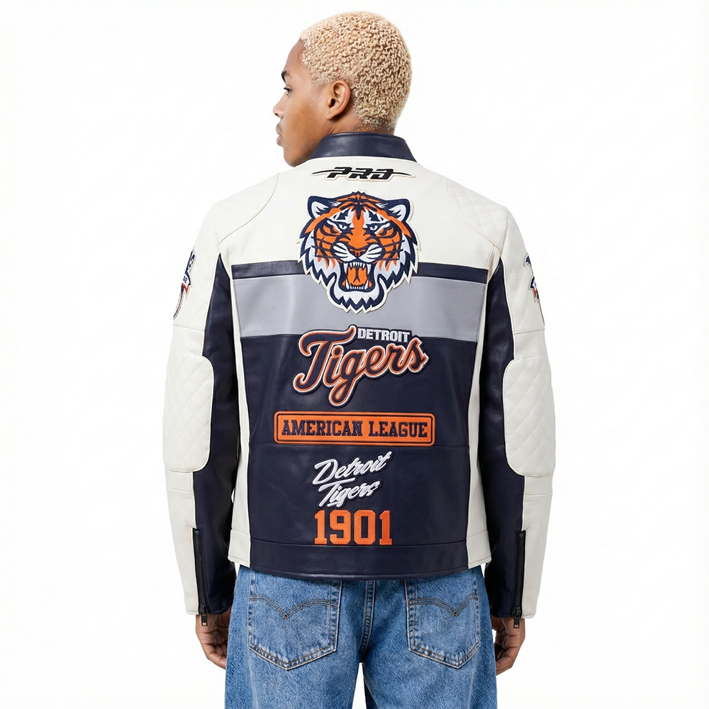 MLB DETROIT TIGERS MEN'S MOTO JACKET (EGGSHELL/ MIDNIGHT NAVY)