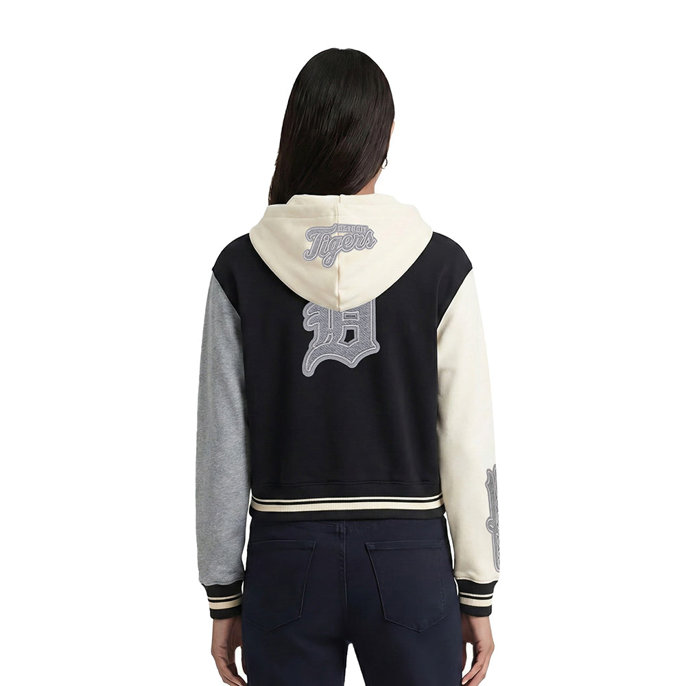 MLB DETROIT TIGERS REVERSE FRENCH TERRY WOMEN'S COLOR BLOCK FLEECE FULL ZIP HOODIE (BLACK/GRAY/EGGSHELL)