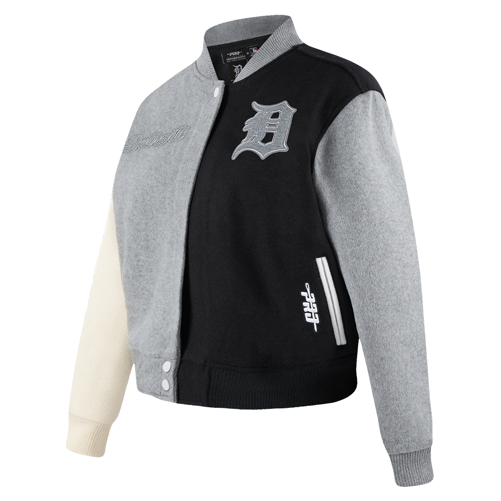 MLB DETROIT TIGERS REVERSE FRENCH TERRY WOMEN'S WOOL VARSITY JACKET (BLACK/GRAY/EGGSHELL)