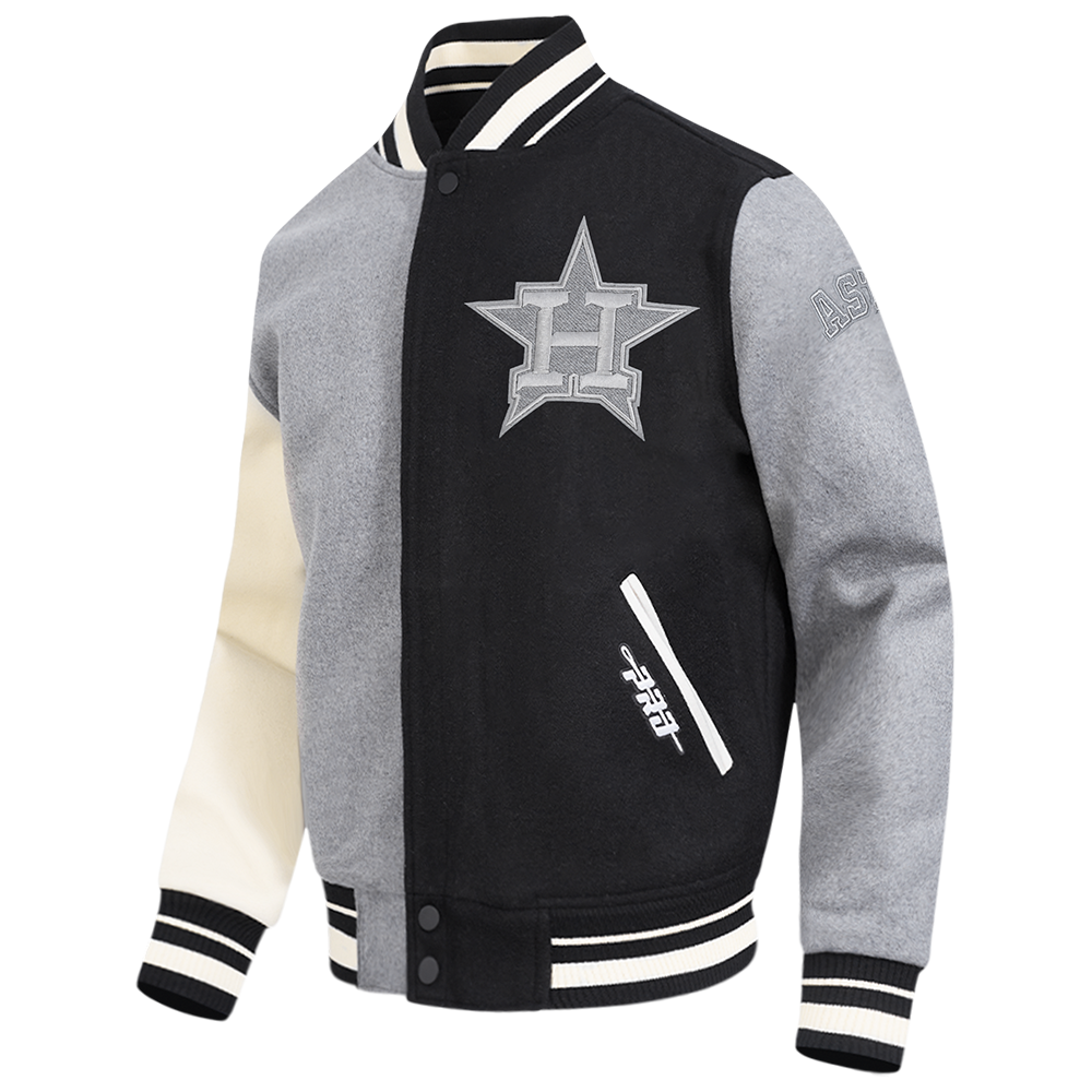 MLB HOUSTON ASTROS REVERSE FRENCH TERRY MEN'S COLOR BLOCK WOOL VARSITY JACKET (BLACK/GRAY/EGGSHELL)