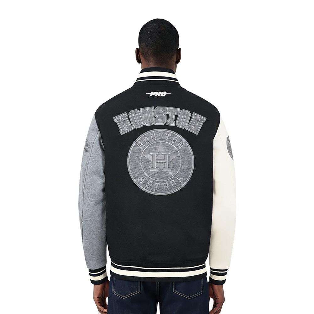 MLB HOUSTON ASTROS REVERSE FRENCH TERRY MEN'S COLOR BLOCK WOOL VARSITY JACKET (BLACK/GRAY/EGGSHELL)
