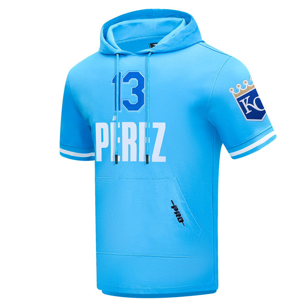 MLB KANSAS CITY ROYALS SALVADOR PEREZ #13 CLASSIC MEN'S SHORT SLEEVE PULLOVER HOODIE (UNIVERSITY BLUE)