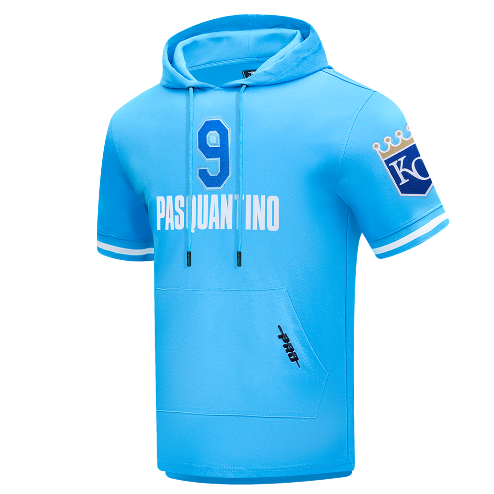 MLB KANSAS CITY ROYALS VINNIE PASQUANTINO #9 CLASSIC MEN'S SHORT SLEEVE PULLOVER HOODIE (UNIVERSITY BLUE)