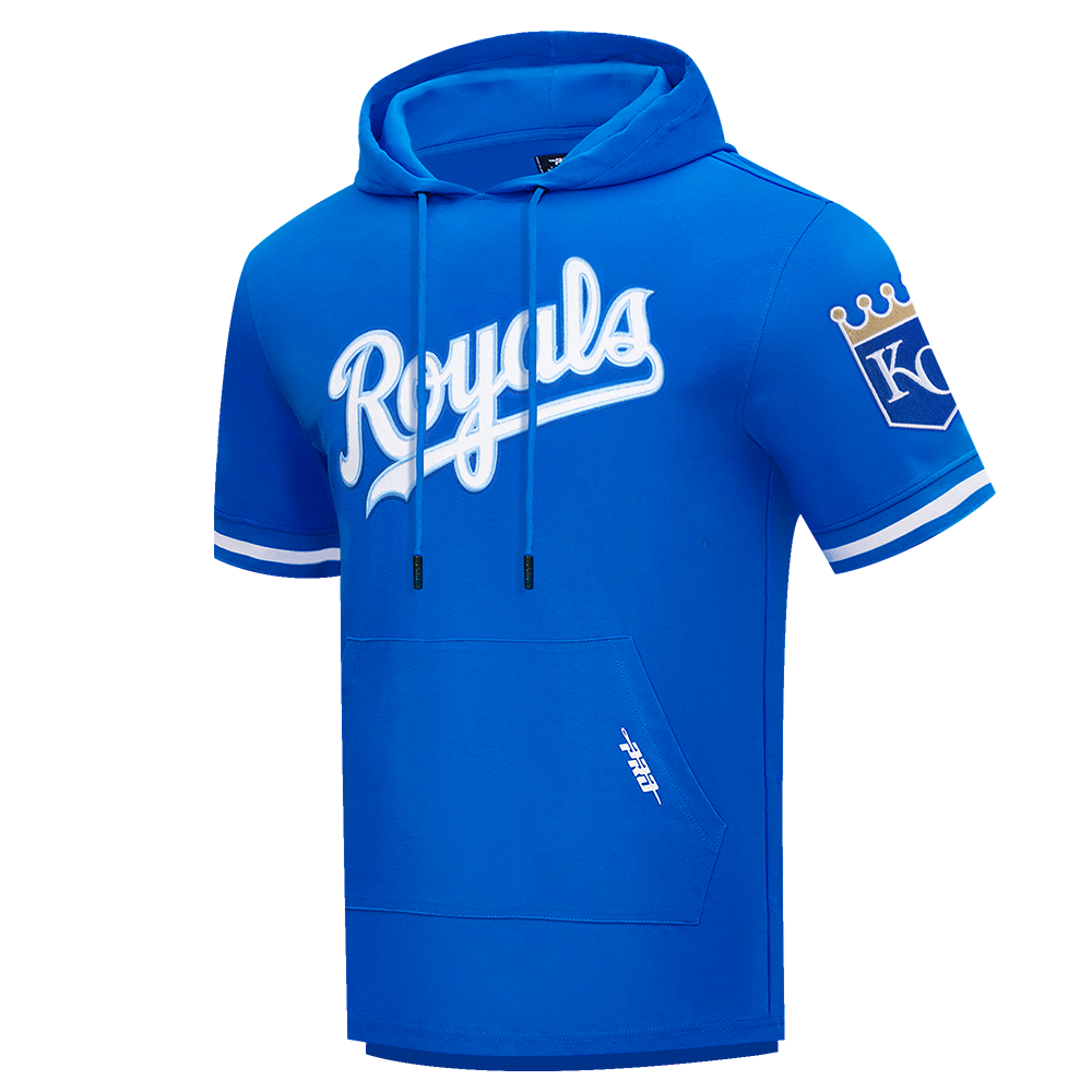 MLB KANSAS CITY ROYALS CLASSIC CHENILLE MEN'S DOUBLE KNIT SHORT SLEEVE PULLOVER HOODIE (ROYAL BLUE)