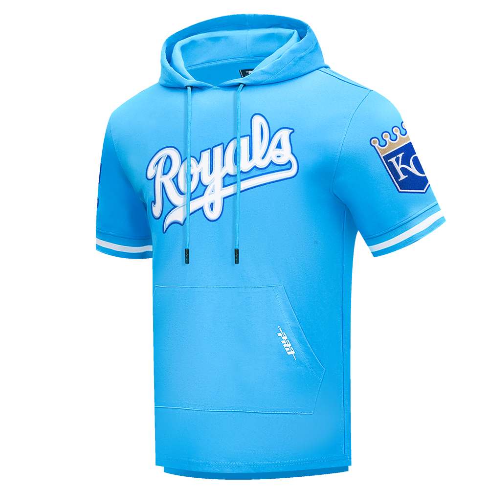 MLB KANSAS CITY ROYALS CLASSIC CHENILLE MEN'S DOUBLE KNIT SHORT SLEEVE PULLOVER HOODIE (UNIVERSITY BLUE)