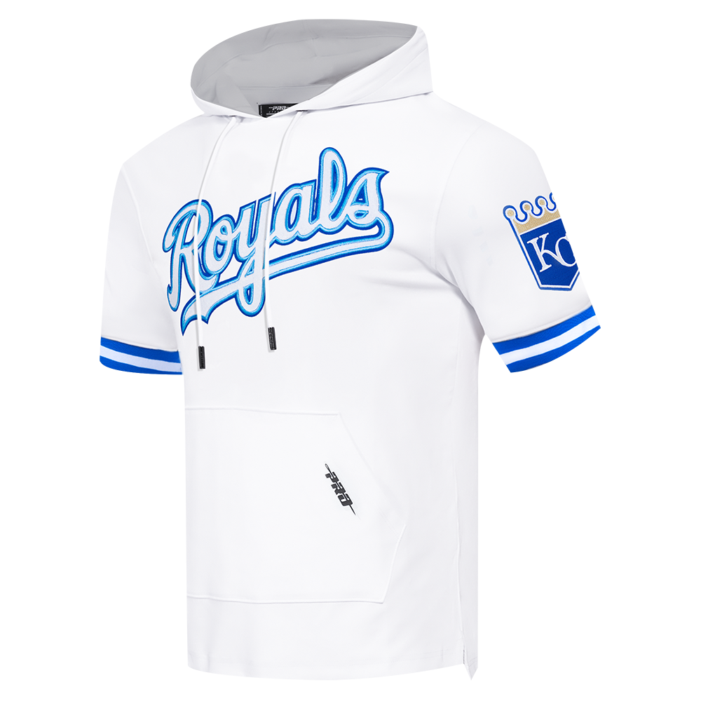 MLB KANSAS CITY ROYALS CLASSIC CHENILLE MEN'S DOUBLE KNIT SHORT SLEEVE PULLOVER HOODIE (WHITE/ROYAL BLUE)