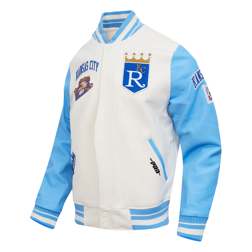MLB KANSAS CITY ROYALS RETRO CLASSIC MEN'S RIB WOOL VARSITY JACKET (EGGSHELL/ UNIVERSITY BLUE)