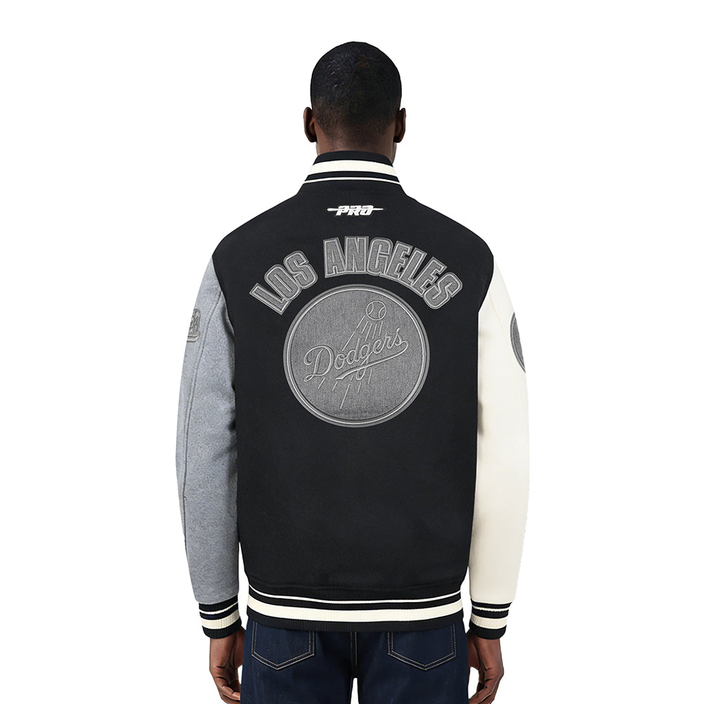 MLB LOS ANGELES DODGERS REVERSE FRENCH TERRY MEN'S COLOR BLOCK WOOL VARSITY JACKET (BLACK/GRAY/EGGSHELL)