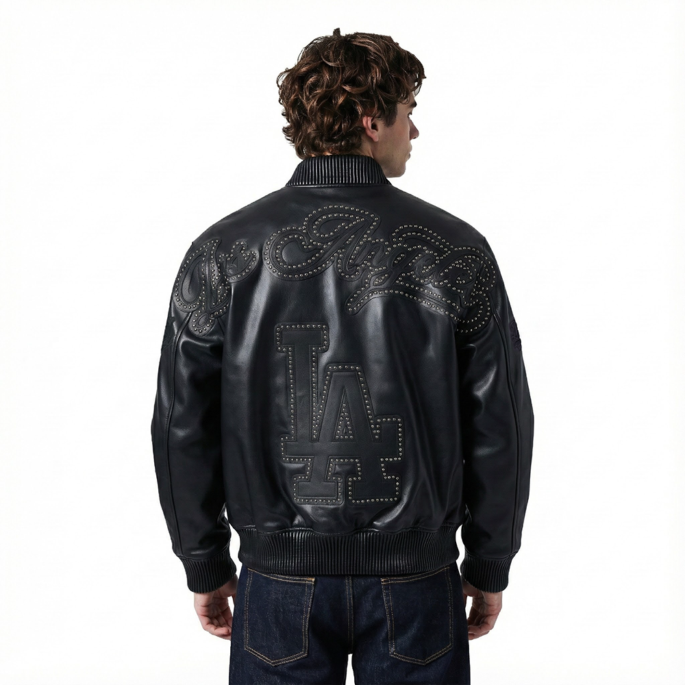 MLB LOS ANGELES DODGERS BLACKOUT MEN'S LEATHER VARSITY JACKET (JET BLACK)