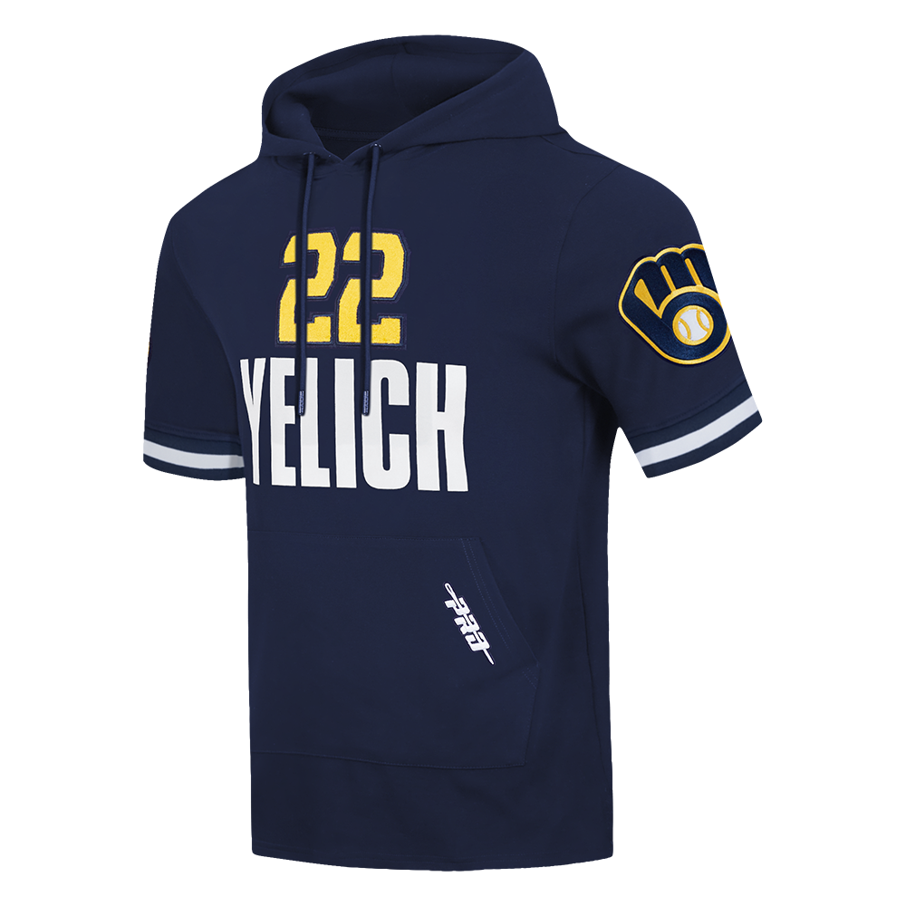 MLB MILWAUKEE BREWERS CHRISTIAN YELICH #22  CLASSIC MEN'S SHORT SLEEVE PULLOVER HOODIE (MIDNIGHT NAVY)