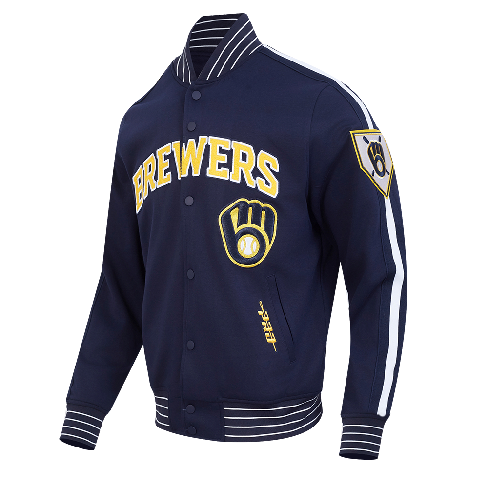 MLB MILWAUKEE BREWERS CURRENT LOGO PRO GAME DAY MEN'S DOUBLE KNIT JACKET (MIDNIGHT NAVY/WHITE)