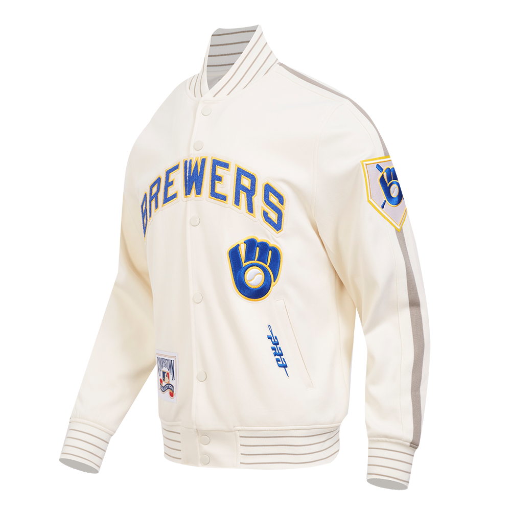 MLB MILWAUKEE BREWERS COOPERSTOWN LOGO PRO GAME DAY MEN'S DOUBLE KNIT JACKET (EGGSHELL/TAUPE/EGGSHELL)