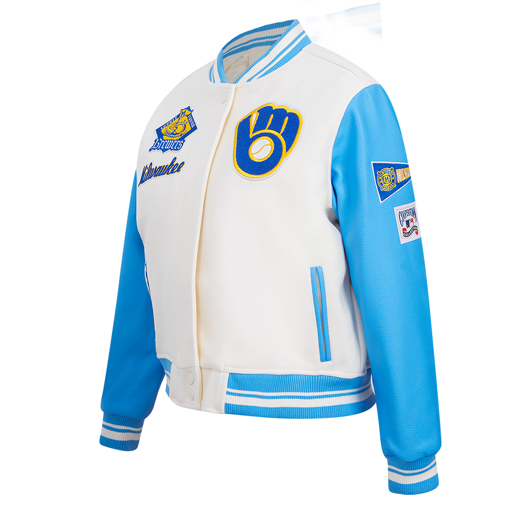 MLB MILWAUKEE BREWERS RETRO CLASSIC WOMEN'S RIB WOOL VARSITY JACKET (EGGSHELL/ UNIVERSITY BLUE)