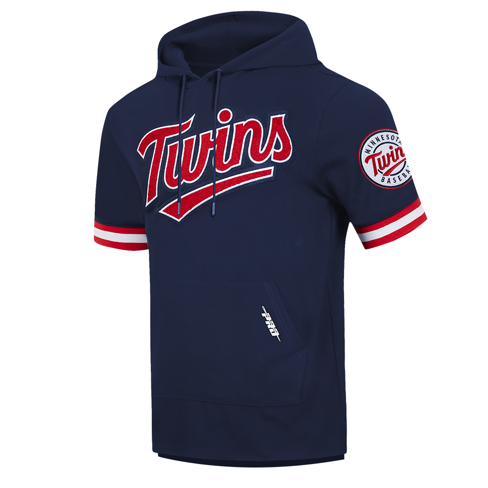 MLB MINNESOTA TWINS CLASSIC CHENILLE MEN'S DOUBLE KNIT SHORT SLEEVE PULLOVER HOODIE (MIDNIGHT NAVY/RED)