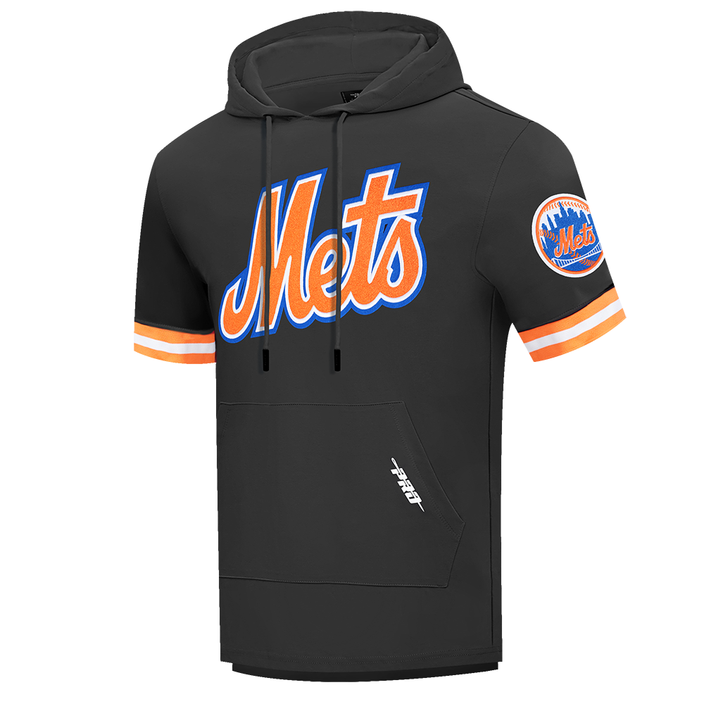 MLB NEW YORK METS CLASSIC CHENILLE MEN'S DOUBLE KNIT SHORT SLEEVE PULLOVER HOODIE (BLACK/ORANGE)