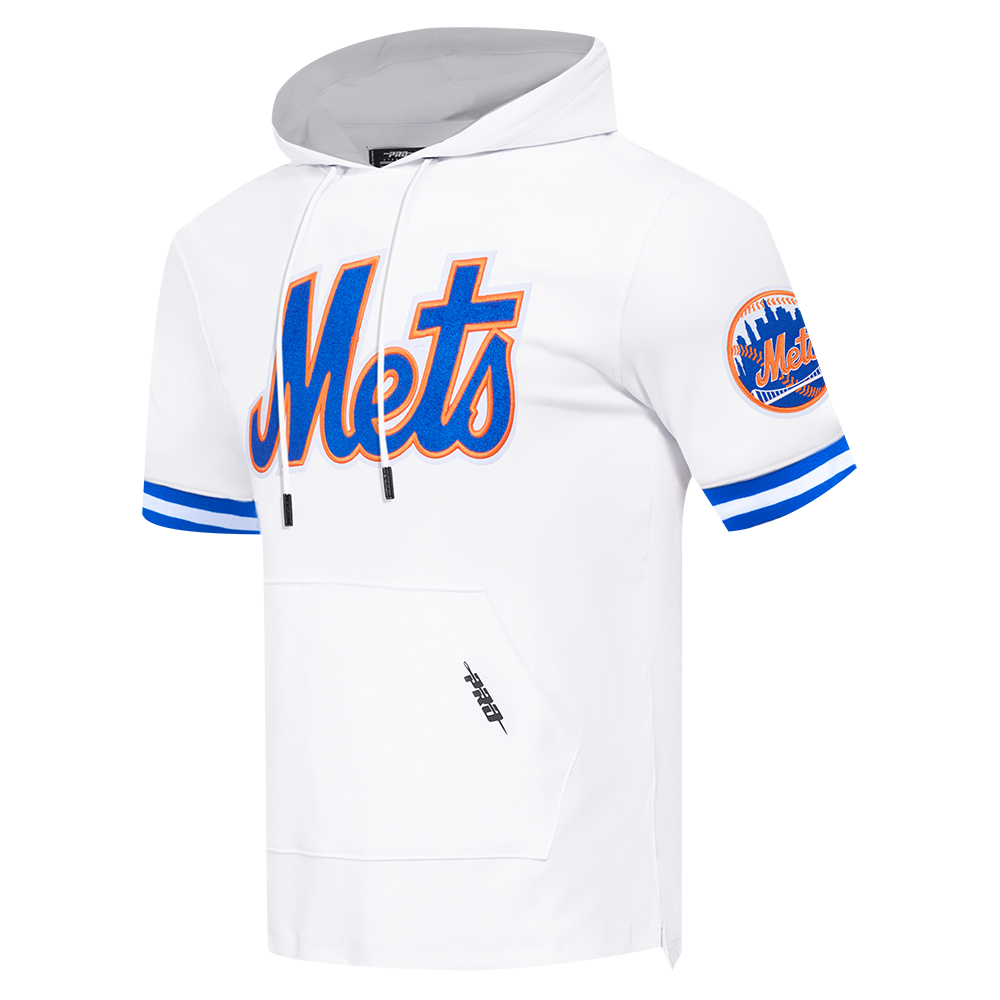 MLB NEW YORK METS CLASSIC CHENILLE MEN'S DOUBLE KNIT SHORT SLEEVE PULLOVER HOODIE (WHITE/ROYAL BLUE)