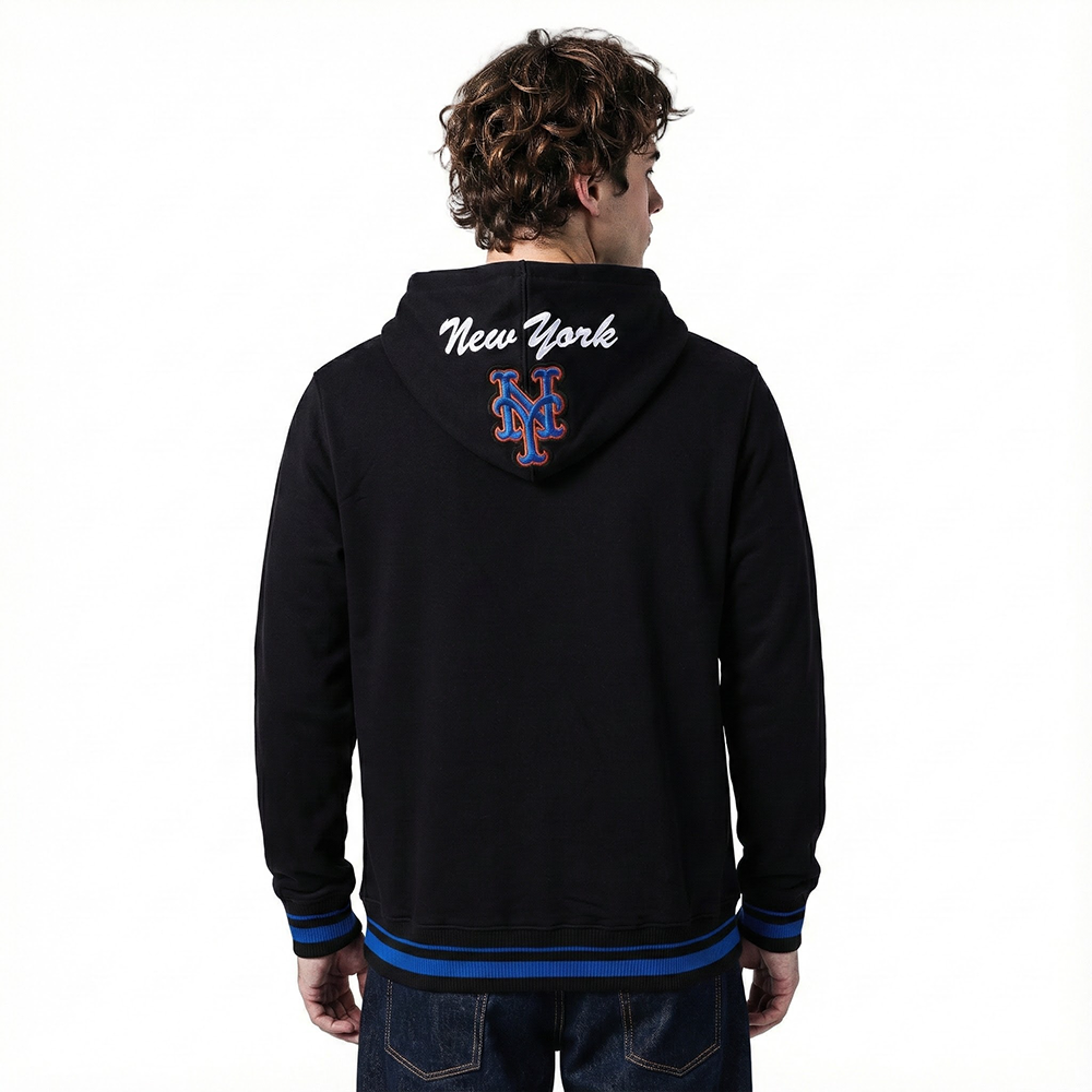 MLB NEW YORK METS TEAM BADGE MEN'S RIB FLC PO HOODIE (BLACK/ROYAL BLUE/BLACK)