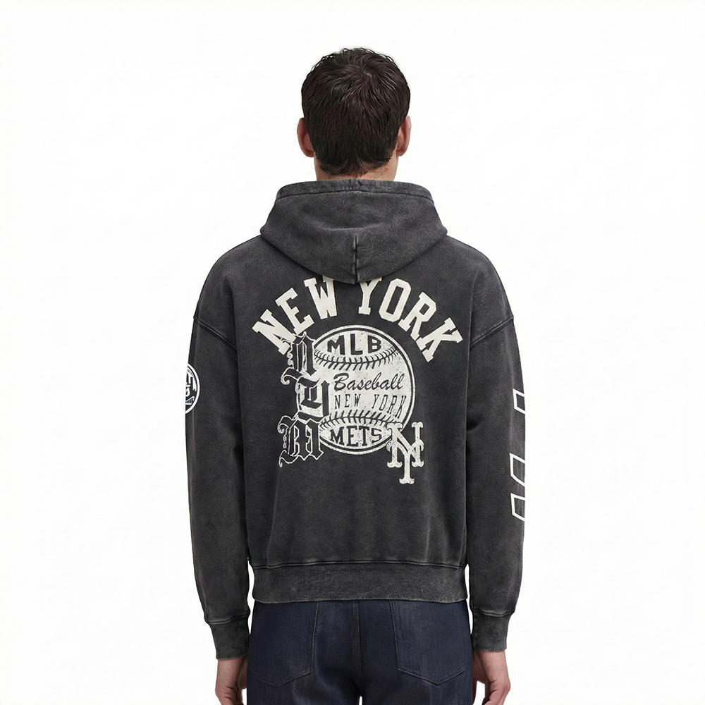 NEW YORK METS STREET TEAM MEN'S ENZYME WASH DS FT PO HOODIE (WASHED BLACK)